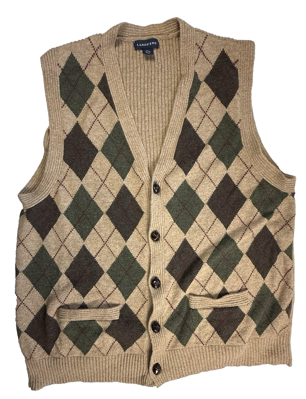 Lands' End Argyle Sweater Vest mens XL Brown Olive green Preppy Grandpacore